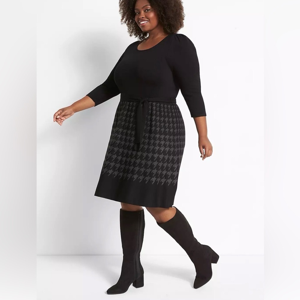 Lane Bryant midi Sweater Dress 3/4 sleeve BLK Houndstooth Belted Knit NWT 18/20